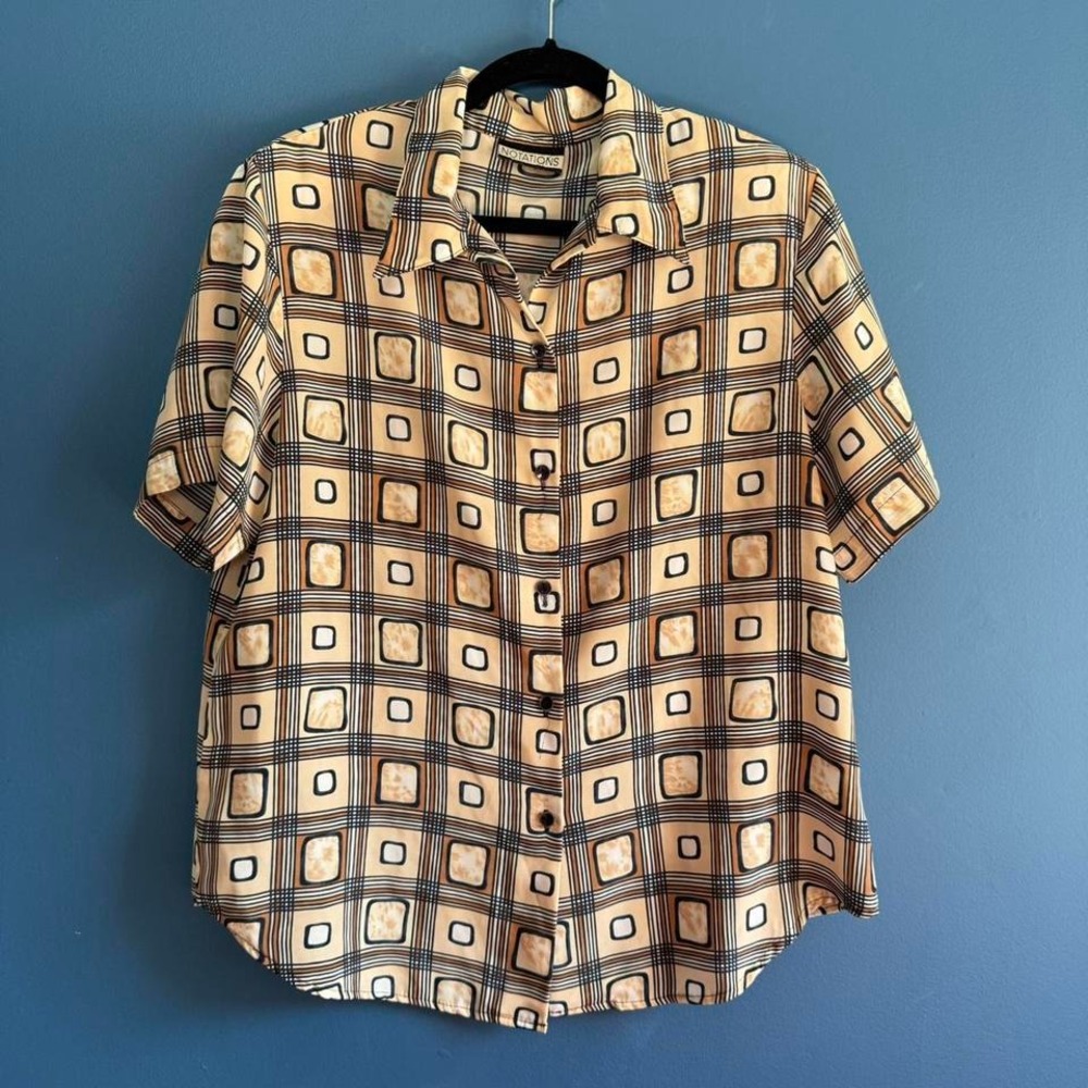Vintage‎ 90s Notations Blouse Women's Size Large Tan Square Button Up Retro